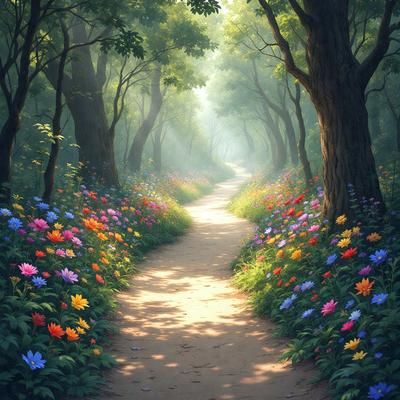 The primary subject of the image is a path surrounded by trees and flowers. The setting is a forest with a dirt road, and the visual style is a digital art illustration. The colors and mood of the image are vibrant and lively, with a variety of flowers and greenery creating a serene and picturesque scene.